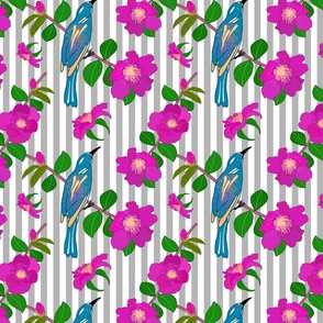 Camellias (magenta) & Bird Chinoiserie #1 (allover) - vertical silver grey stripe, medium