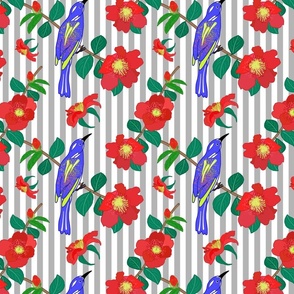 Camellias (red) & Bird Chinoiserie #1 (allover) - vertical silver grey stripe, medium