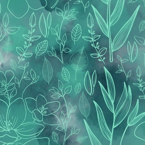 Watercolour Line Art Florals Green (large)