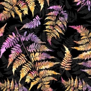 Scattered Bright Ferns on Black Texture