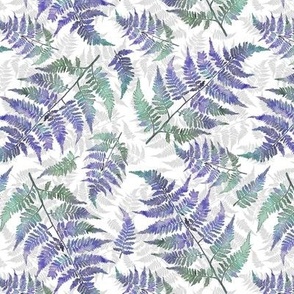 Medium Scattered Purple Green Ferns on White Gray Texture