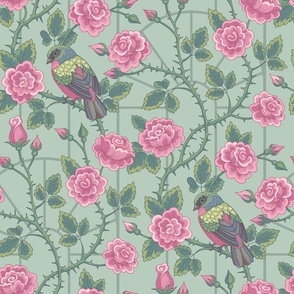 Little bird & pink roses