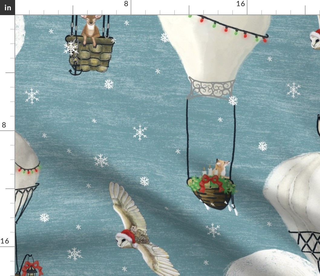 Large Christmas woodland animals in hot air balloons, large scale, home decor, kids christmas, minky blanket, snow flakes, winter, ice, icecrystaldc, winter holiday, christmas owl,  christmas hot air balloon