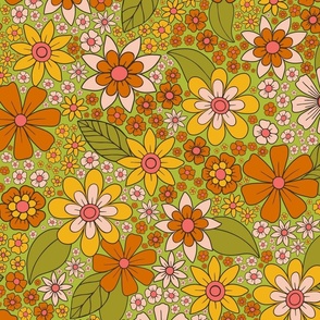 1960s, 1970s Retro Floral in Green, Pink & Orange - Flower Power