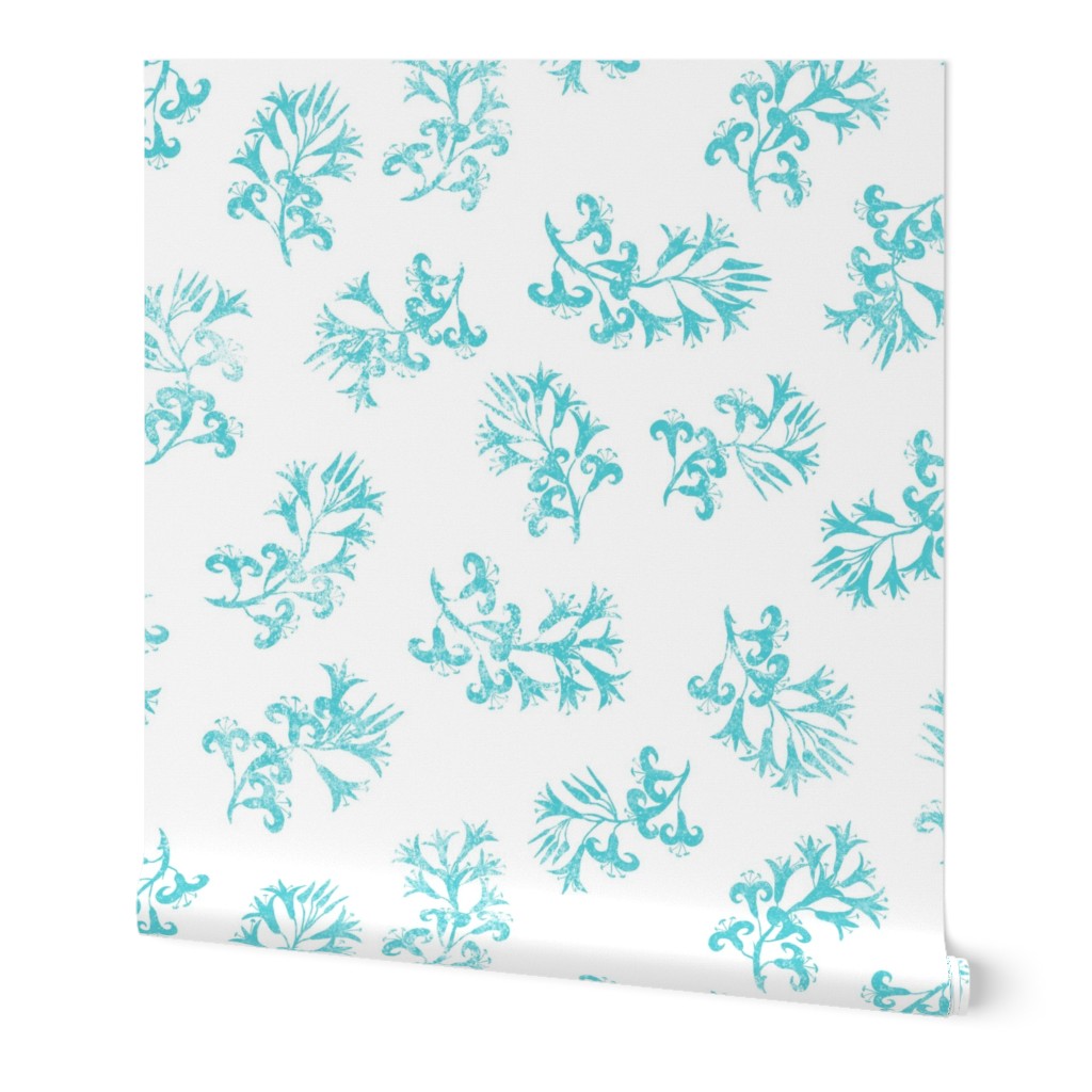 Minoan Lilies Tossed Turquoise on White 300L