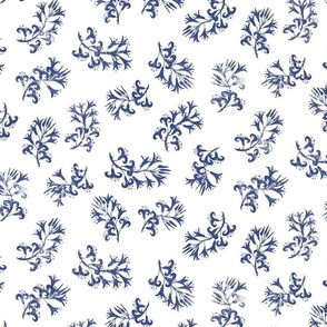 Minoan Lilies Tossed Faded Indigo on White 150L