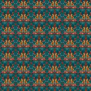 Autumn Cats Damask Teal - Small