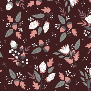 XL Fall Foliage With Acorns and Berries On Maroon