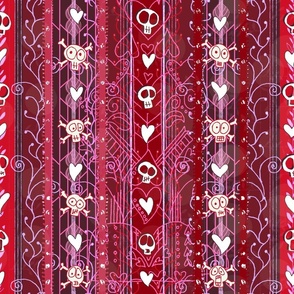 Valentine Vines O Death -- Death, Hearts, and Skulls in the Lovecore Aesthetic -- Dark mauve, Maroon, and Crimson Red -- 200dpi (75% of Full Scale)