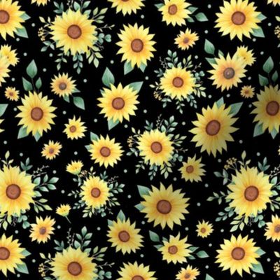 Medium Scale Watercolor Sunflowers on Black
