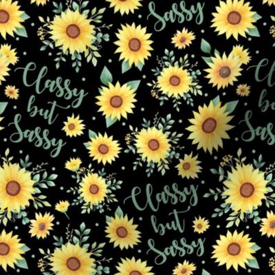 Medium Scale Classy but Sassy Watercolor Sunflowers on Black