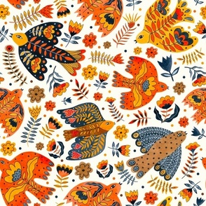 Large Scale Fancy Fall Folk Art Birds and Scandi Flowers