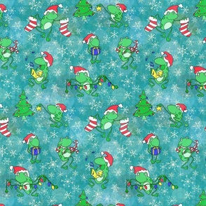 A Very Frog-gy Christmas -- Cute Christmas Frogs over Aqua -- 485dpi (31% of Full Scale)