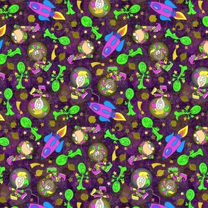 Jesters in Space  -- Cute Aliens and Cute Jester Astronauts floating in a Galaxy of Moons, Planets, and Stars with Spaceships - 485dpi (31% of Full Scale)
