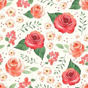 Large Scale Coral Rose Garden on Natural Ivory Background