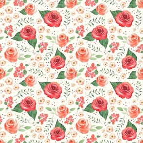 Medium Scale Coral Rose Garden on Natural Ivory Background