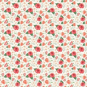 Small Scale Coral Rose Garden on Natural Ivory Background