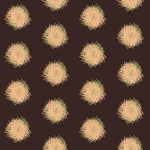 DSC1 - One Inch Shaggy Crosshatch Polka Puffs in Peach and Olive on Brown