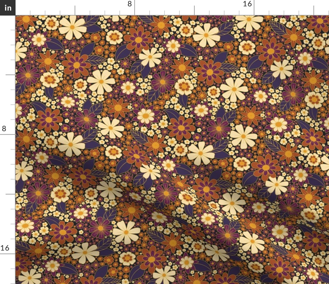 Small-Scale Ditsy Fall, Autumn Floral in Purple, Mustard Yellow & GoldFall, Autumn Floral in Purple, Mustard Yellow & Gold