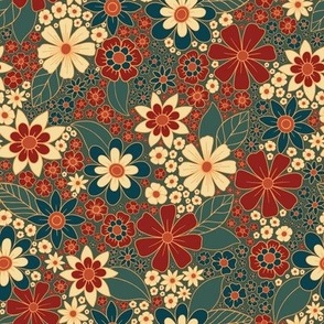 Small-Scale Fall/Winter Floral in Red, Teal, & Blue
