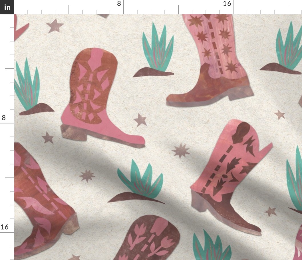 Papercut Cowgirl Boots in Pink and Brown with Agave - Large Scale