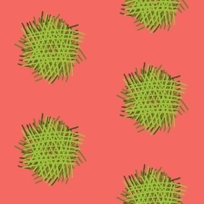 DSC14 - Two Inch Shaggy Crosshatch Polka Puffs in Coral and Lime Green