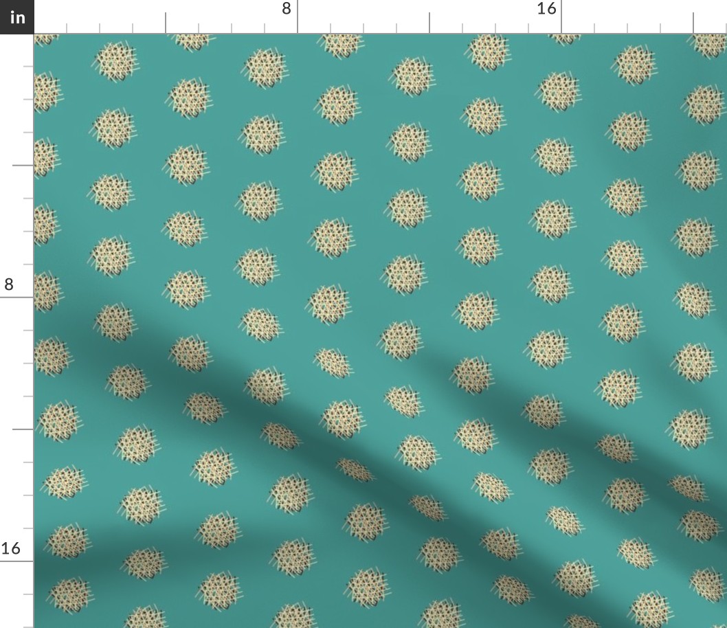 DSC21 - One Inch Shaggy Crosshatch Polka Puffs in Turquoise and Ecru