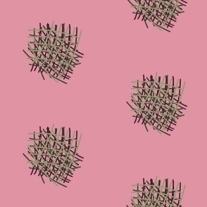 DSC24 - Two Inch Shaggy Crosshatch Polka Puffs in Rustic Pink and Olive Green