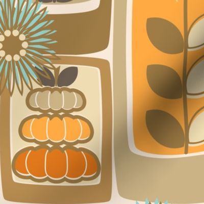 Autumn Gathering / Folk Art / Farmhouse / Geometric / Pumpkins Flowers Acorns Pods / Fall Harvest / Thanksgiving / Halloween / Orange Tan / Large