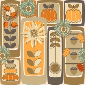 Autumn Gathering / Folk Art / Farmhouse / Geometric / Pumpkins Flowers Acorns Pods / Fall Harvest / Thanksgiving / Halloween / Orange Tan / Large