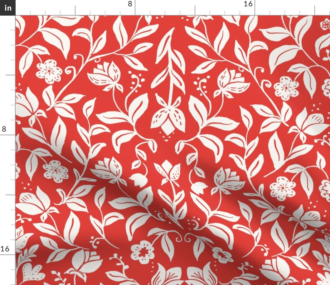 Scandinavian Tulips Wallpaper, Cream on Red 20" Fabric