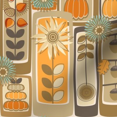 Autumn Gathering / Folk Art / Farmhouse / Geometric / Pumpkins Flowers Acorns Pods / Fall Harvest / Thanksgiving / Halloween / Orange Tan / Medium