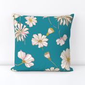 Tossed Line Flowers Aqua - Teal, Poppy Floral