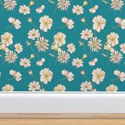 Tossed Line Flowers Aqua - Teal, Poppy Floral