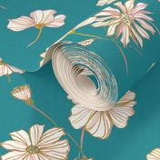 Tossed Line Flowers Aqua - Teal, Poppy Floral