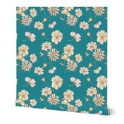 Tossed Line Flowers Aqua - Teal, Poppy Floral