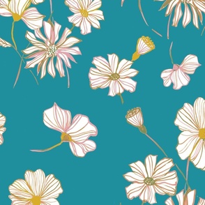 Tossed Line Flowers Aqua - Teal, Poppy Floral