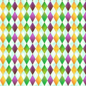 Mardi Gras Harlequin Argyle -- Mardi Gras Gold, Purple, Green Diamonds over White and Cloudy Blue -- 848dpi (18% of Full Scale) -- 3.72in x 4.44in repeat