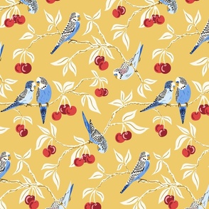 budgies in the cherry tree/mustard and red