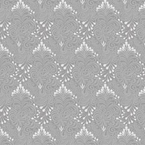 Damask style pattern on a grey background.
