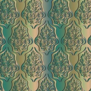 Damask style pattern on a blue metal gradient background.