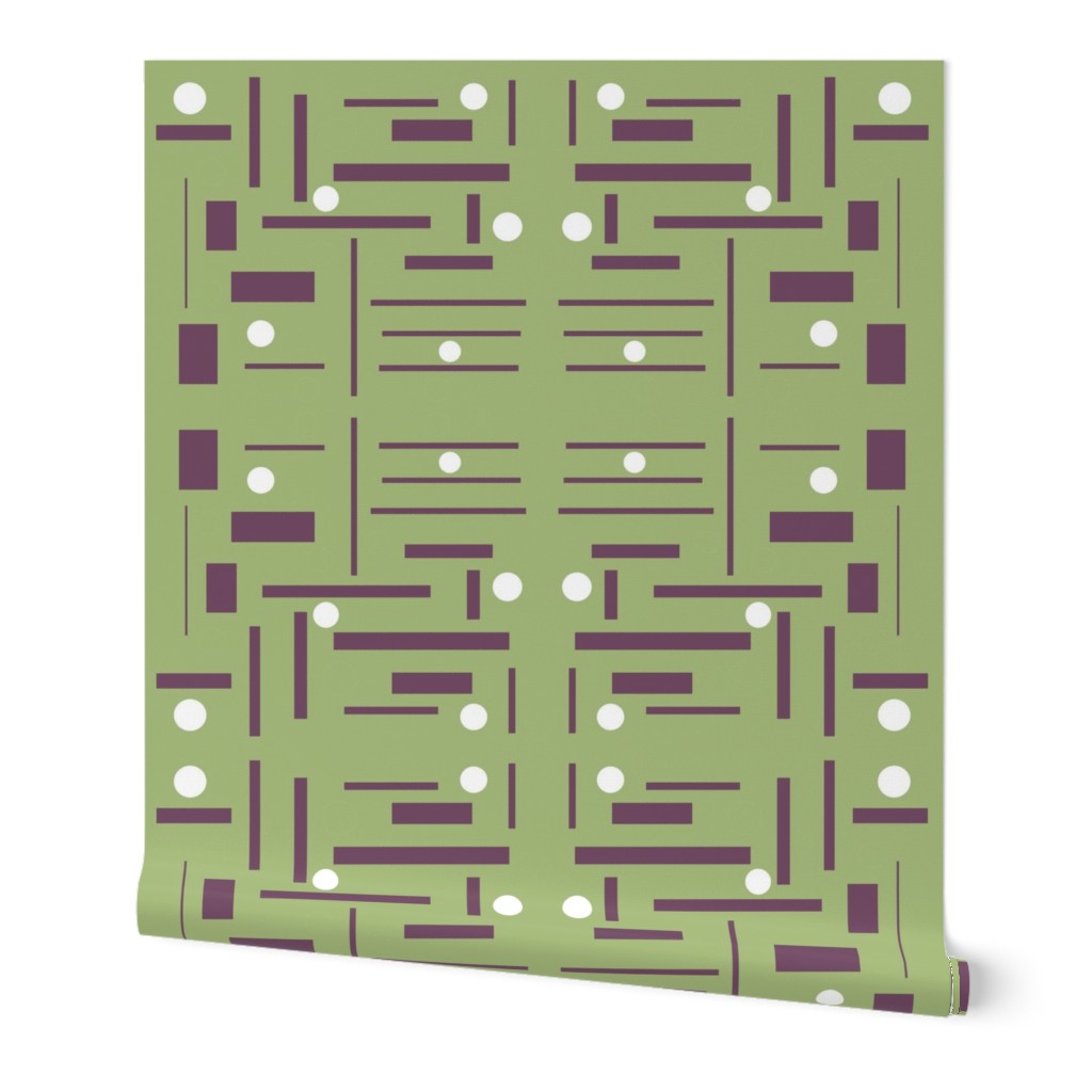 purple rectangles on green background  with white dots