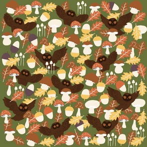 Autumn Leaves with Mushroooms and Owls