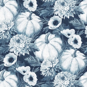 Pumpkin Floral in Denim Blues with Linen Texture - large
