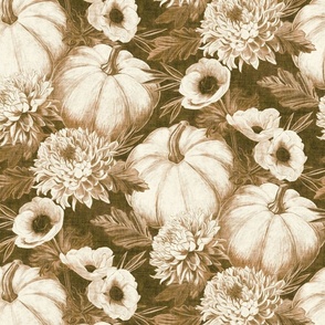 Pumpkin Floral in Autumn Brown with Linen Texture - large