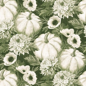 Pumpkin Floral in Forest Green with Linen Texture - large