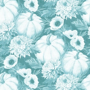 Monochrome Teal Blue Pumpkin Floral with Linen Texture - large