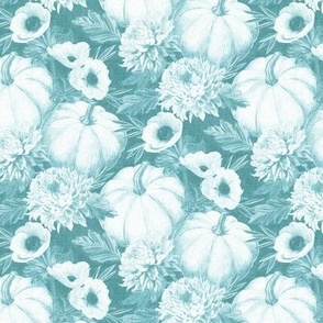 Monochrome Teal Blue Pumpkin Floral with Linen Texture - small