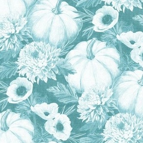 Monochrome Teal Blue Pumpkin Floral with Linen Texture - medium