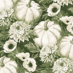 Pumpkin Floral in Forest Green with Linen Texture - medium